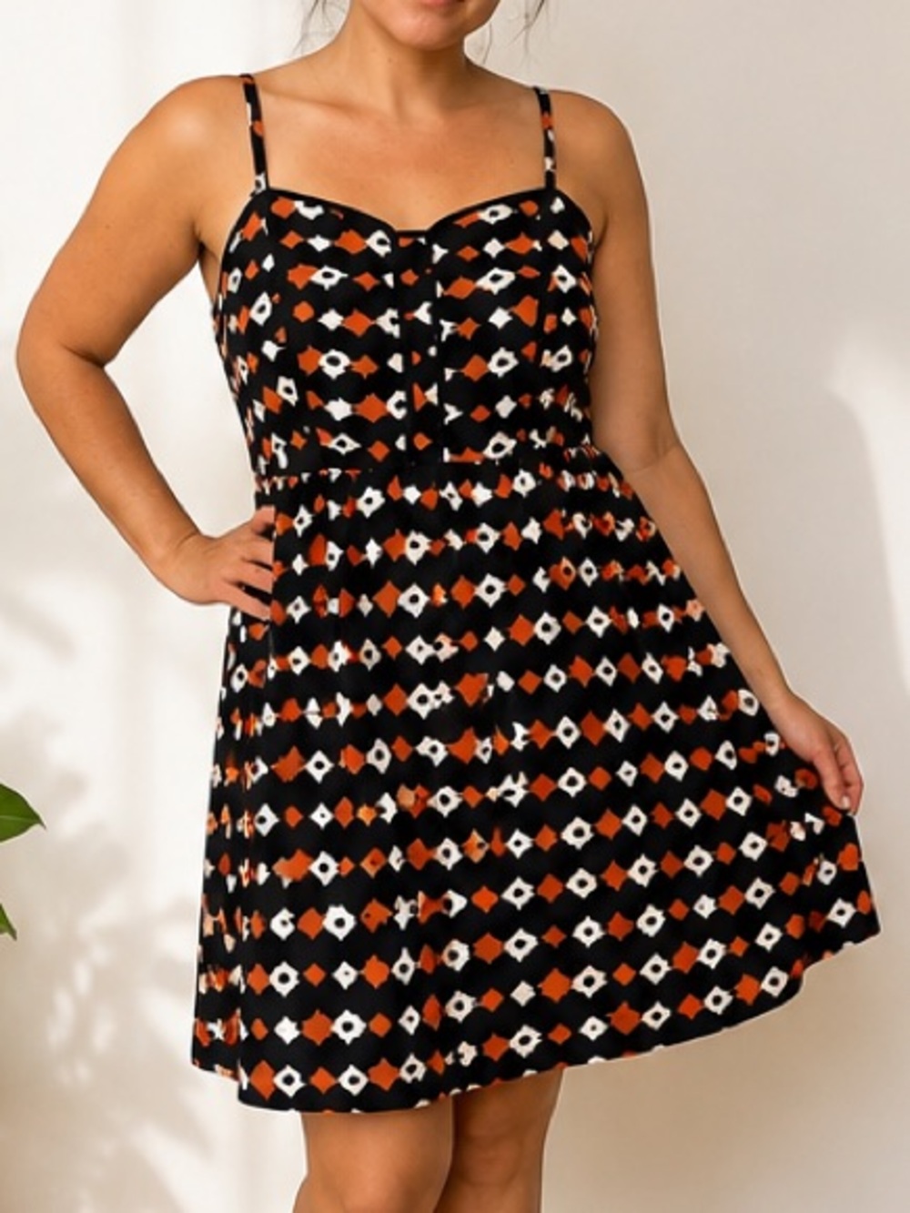 Forever 21 Black Mini Dress with Rust & White Diamond Pattern